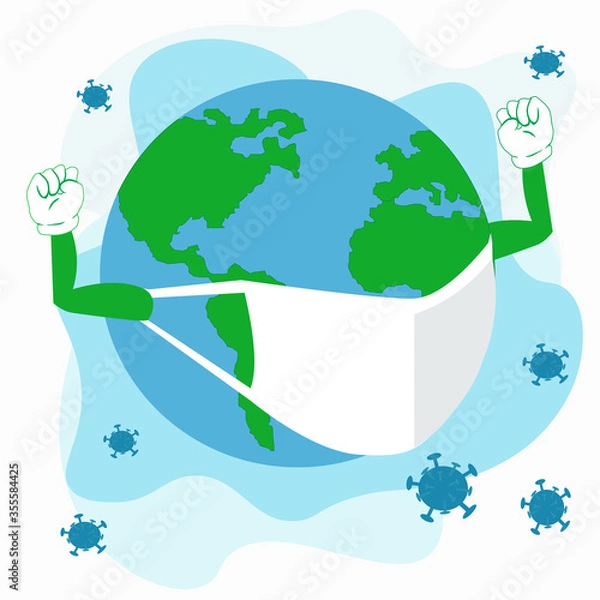 Fototapeta illustration vector graphic of strong earth while wearing mask for protect its self from corona virus.