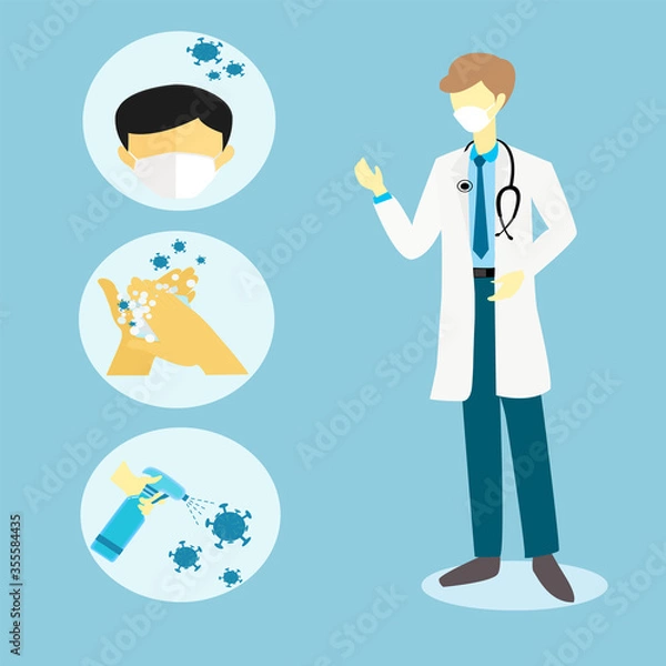 Fototapeta illustration vector graphic of the doctor give the health suggestion or tips for self protect from corona virus like wearing mask, wash hand and using disinfectant.