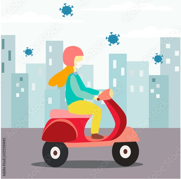 Fototapeta 
illustration fashion graphic of girl ride  motorcycle while wearing mask for herd immunity. perfect for self protect from preventing the spread of corona virus.
