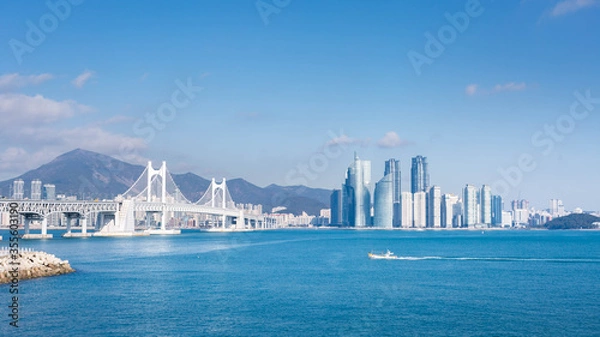 Obraz busan city and Gwangan bridge and fisherman's boats, Haeundae, Busan,Korea.