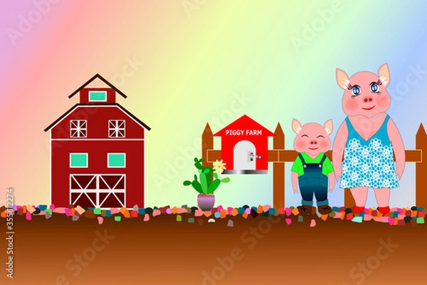 Obraz The drawing picture of the adorable young piggy and mom standing in front of his farm next to the mail box in the beautiful day, for background,  cards, illustration.