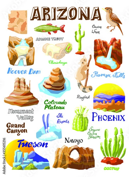 Obraz Vector illustration with Arizona's countrysides and state symbols