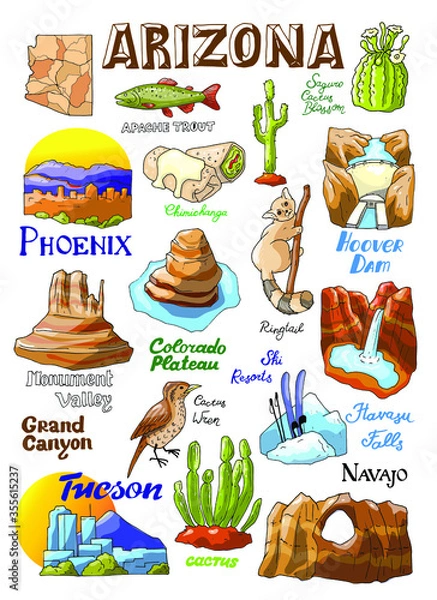 Obraz Vector illustration with Arizona's countrysides and state symbols