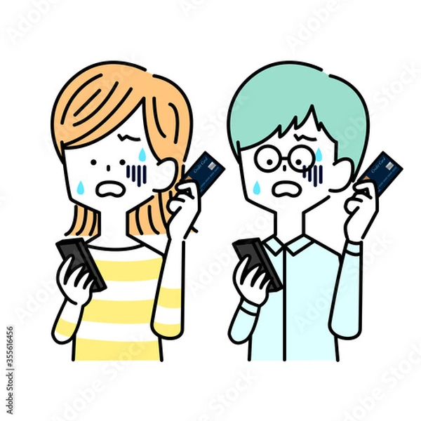 Fototapeta 困惑してスマホとキャッシュカードをもつ男女