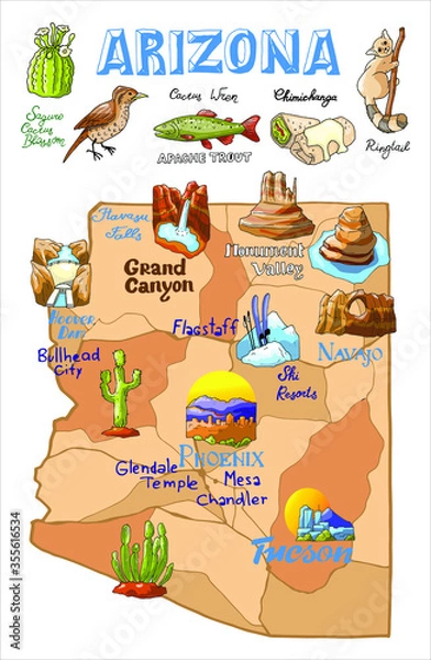 Obraz Vector illustration Arizona map  with countrysides and state symbols
