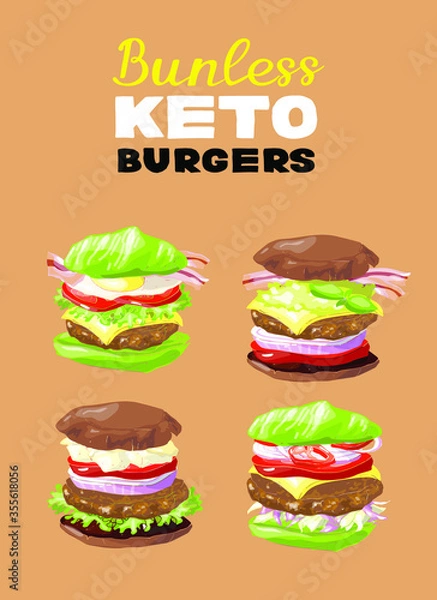 Obraz Vector illustration keto lchf paleo diet burger posters set