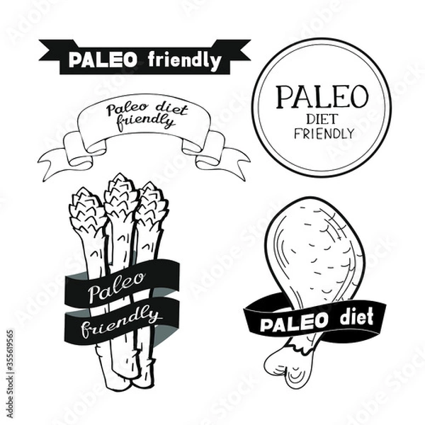 Obraz Vector illustration with stickers for ketogenic diet, lchf and paleo diet products and foods