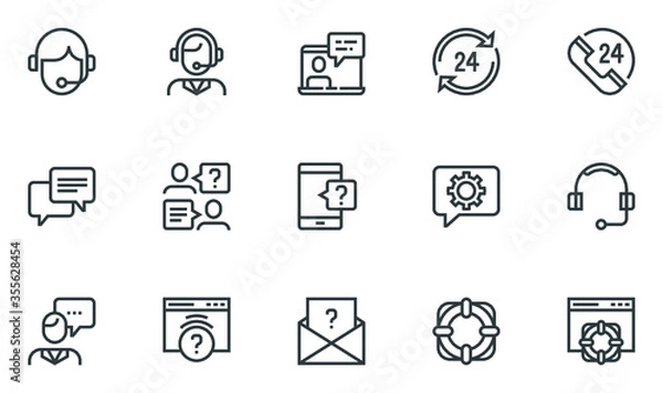 Obraz Help, Support and Contact Vector Flat Line Icons Set. Phone Assistant, Online Help, Video Chat. Editable Stroke. 48x48 Pixel Perfect.