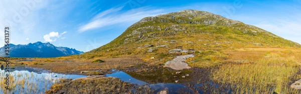 Fototapeta Panoramic view of the mountains and hills between Ersfjorden and Kaldfjorden fjords on the island of Kvaloya, Norway
