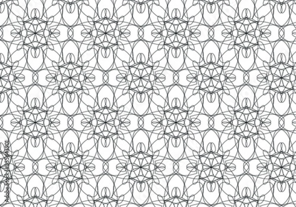 Fototapeta Black geometric lines loop to form flower shapes in a repeating pattern on a white background, vector illustration