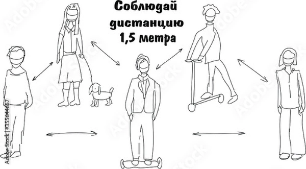 Fototapeta Warning about maintaining social distance during quarantine. Safety when walking. The inscription in Russian - Observe a distance of 1.5 meters. coronovirus epidemic
