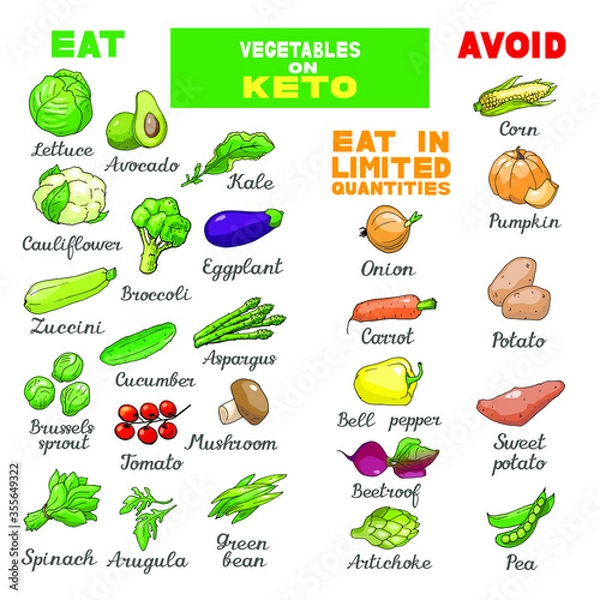 Obraz Vector illustration of low-carb ketogenic diet best and worst vegetables