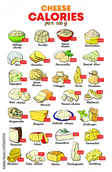 Obraz Vector illustration nutrients per 100 gram of cheese table dietary supplement 