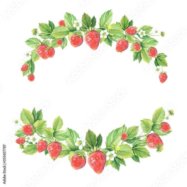 Fototapeta Arched frame of strawberry branches, leaves, berries and flowers. Strawberry frame. 