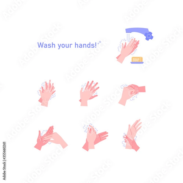 Fototapeta Illustrated step by step instruction how to wash your hands properly. Covid-19 hands hygene instruction. 