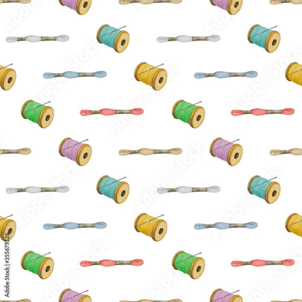 Obraz Hand drawn sewing threads, seamless pattern. Colorful spools on a white background. 