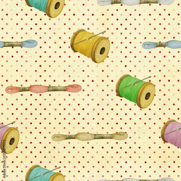 Obraz Hand drawn sewing threads, seamless pattern. Yellow dotted background.