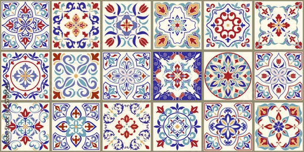 Obraz Collection of 18 ceramic tiles in turkish style. Seamless colorful patchwork from Azulejo tiles. Portuguese and Spain decor. Islam, Arabic, Indian, Ottoman motif. Vector Hand drawn background