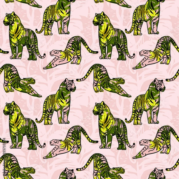 Obraz Vector seamless pattern with tigers. Trendy style.