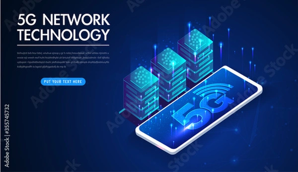 Fototapeta 5G network wireless technology vector illustration. High-speed mobile internet of next generation. Using modern digital devices. Web page design template.
