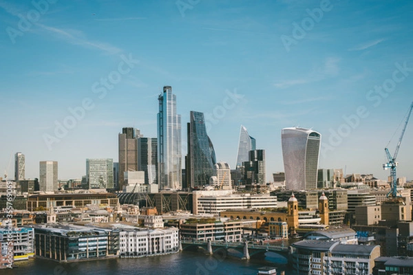 Obraz Cityscape skyline views of London with St Paul's Cathedral, the City of London, Canary Wharf, the Shard