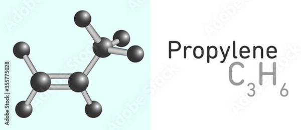 Fototapeta Propylene, Propene (C3H6) gas molecule. Stick model. Structural Chemical Formula and Molecule Model. Chemistry Education