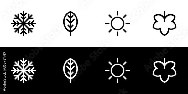 Fototapeta Four seasons icon set. Flat design symbol collection isolated on black and white background. Winter, spring, summer, and autumn.