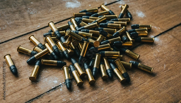 Obraz .22 ammunition in pile on a board surrounded by powder