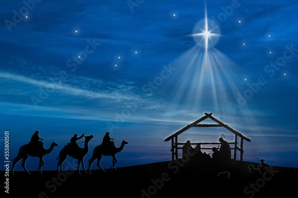 Fototapeta Christmas nativity scene of baby Jesus in the manger with Joseph, Mary, shepherds and three wise men