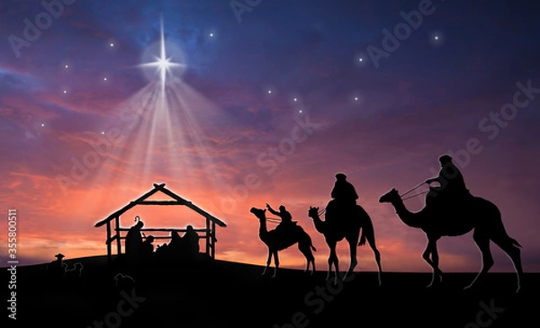 Fototapeta Christmas nativity scene of baby Jesus in the manger with Joseph, Mary, shepherds and three wise men