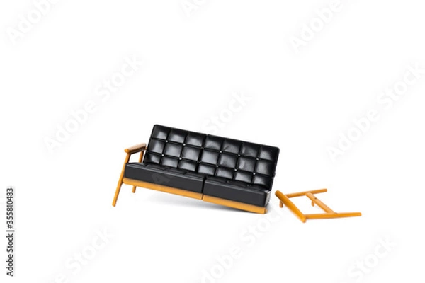 Fototapeta broken black leather sofa with wood leg on white background, broke and fix concept