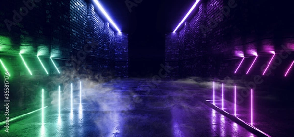 Obraz Smoke Fog Neon Glowing Laser Blue Green Purple Beams Pillars Concrete Grunge Tiled Floor Alien Spaceship Cyber Tunnel Corridor Dark NIght Warehouse 3D Rendering