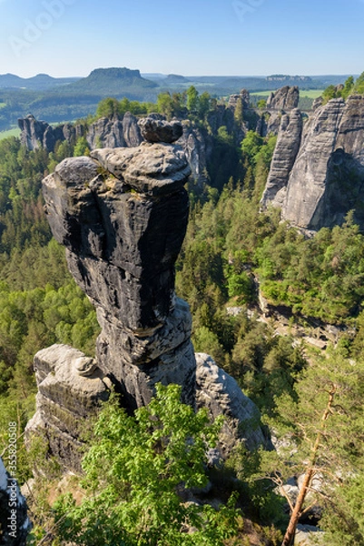 Obraz Gose Rock with view at Bastei Bridge in Saxon Switzerland National Park near Dresden, Germany