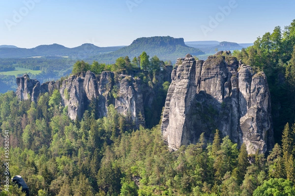 Obraz Gose Rock with view at Bastei Bridge in Saxon Switzerland National Park near Dresden, Germany
