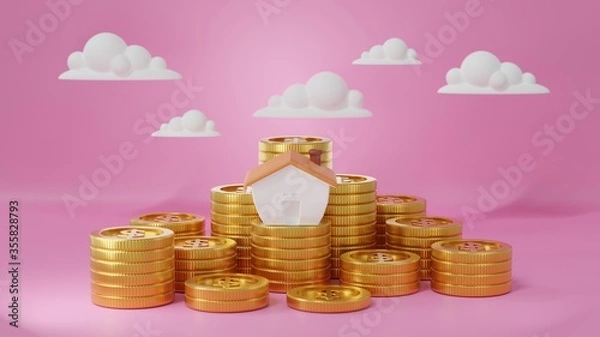 Fototapeta 3d Render money home on golden coins with pastel background. Save money business finance for buy home. Investment property concept. 3d Render for advertisement growth business. Earning profit concept