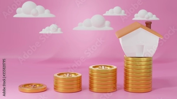 Fototapeta 3d Render money home on golden coins with pastel background. Save money business finance for buy home. Investment property concept. 3d Render for advertisement growth business. Earning profit concept