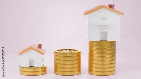 Fototapeta 3d Render money home on golden coins with pastel background. Save money business finance for buy home. Investment property concept. 3d Render for advertisement growth business. Earning profit concept