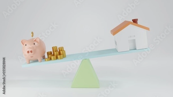 Fototapeta 3d Render Piggy bank balance between house for finance concept. Compare piggy bank and house on the seesaw. Save money for investment concept. Less is more efficient saving. Investments growth concept