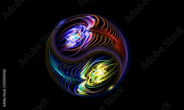 Fototapeta Modern glowing blue, red cosmic Yin and Yang mandala. Ornamental spiritual relaxation. Illumination ornaments design. illustration peacock feather on black. Magic neon lights, luminescence