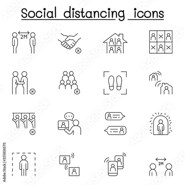 Fototapeta Social distancing icon set in thin line stlye