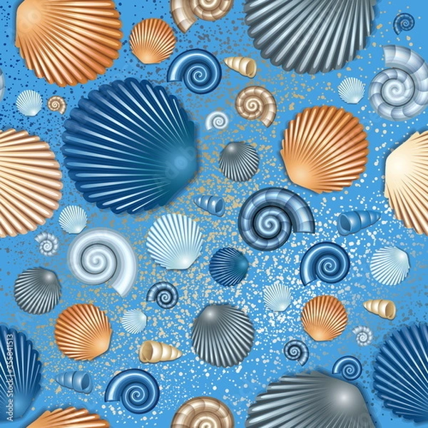 Fototapeta Seamless pattern in blue colors with seashells on the sea floor. Vector background.