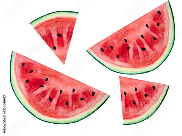 Fototapeta Bright picture with the image of painted fruits. Close-up, view from above, no people. Watercolor paint. Concept of delicious and healthy food