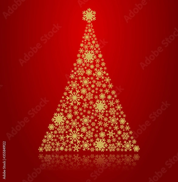Obraz Christmas tree made of golden snowflakes on red background.