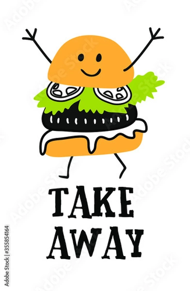 Fototapeta Hand drawn stock vector illustration, in doodle style. Cheerful burger runs with the inscription Take Away.