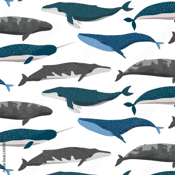 Obraz cute whales seamless pattern for children nursery room decor, textile and fabric. Vector seamlees pattern with whales