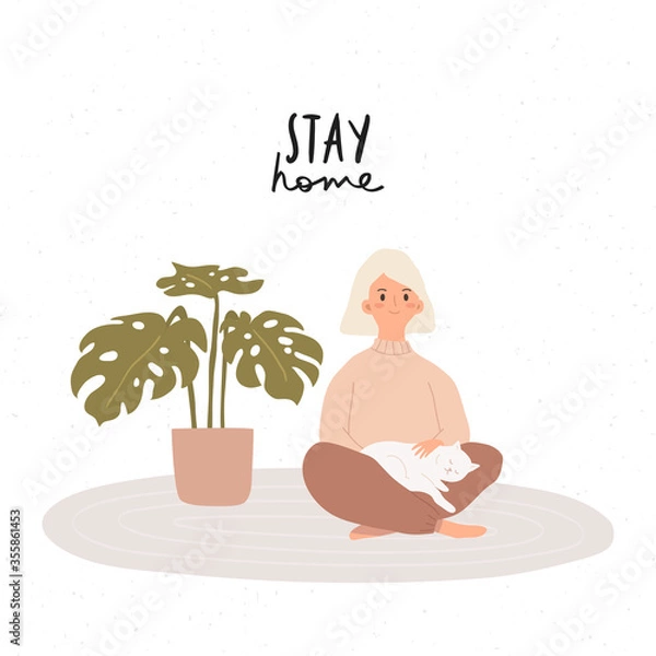 Obraz cute girl sitting with white cat and plants. Cozy living place illustration. Vector woman with cat illustration in trandy flat style