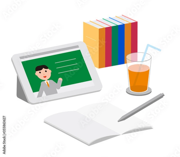 Obraz オンライン学習のイメージ。タブレット端末とノートと参考書と飲み物。
