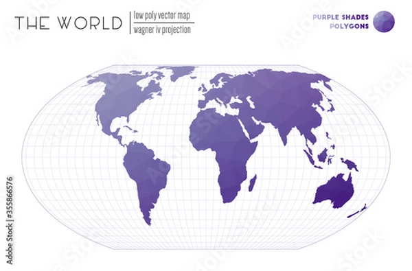 Fototapeta Abstract geometric world map. Wagner IV projection of the world. Purple shades colored polygons. Amazing vector illustration.