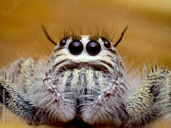 Obraz Jumping spider on brown background.