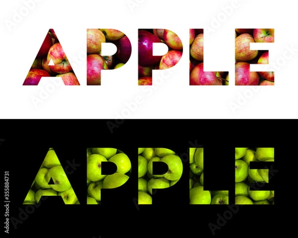 Fototapeta The inscription APPLE with fresh green apples inside the letters. Abstract apple symbol, isolated on white, isolated on black, green apples, red apples.